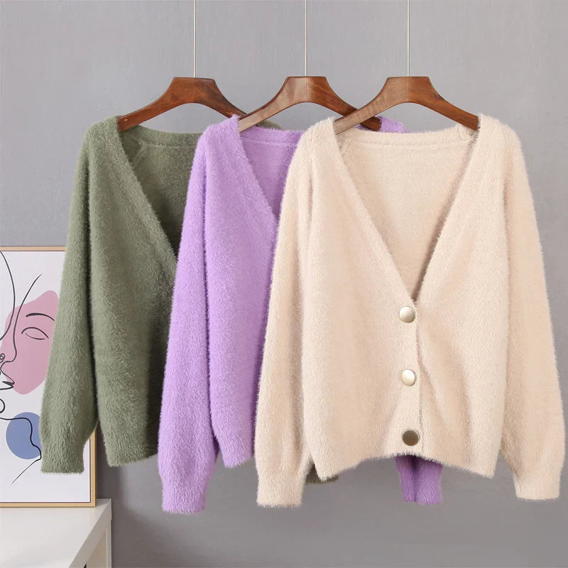 Hirsionsan Elegant Long Sleeve Mohair Sweater Women New