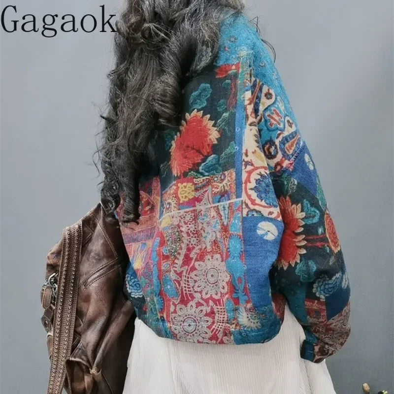 Gagaok Original Ethnic Floral Colored Parkas Autumn Winter