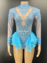 Sparkly Rhinestones Bodysuit Women Elastic Purple Mesh Ruffles