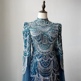 Hot Sale Arabic Blue Mermaid Lace Beaded Formal