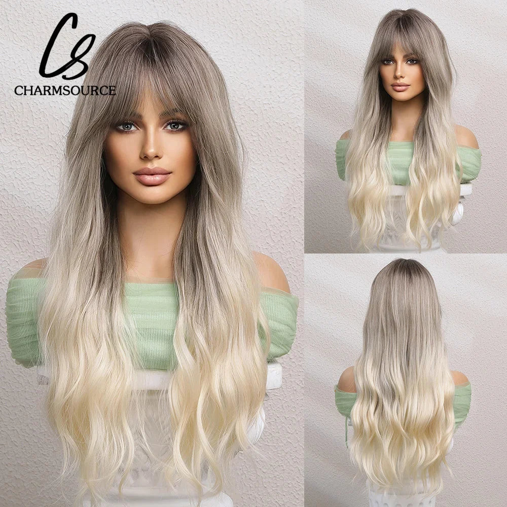 Charmsource Blonde Wavy Wig With Bangs Party Dresses