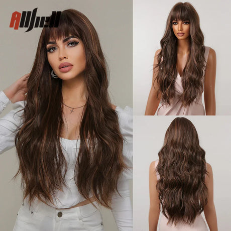 Copper Ginger Brown Wigs With Bangs Natural Synthetic