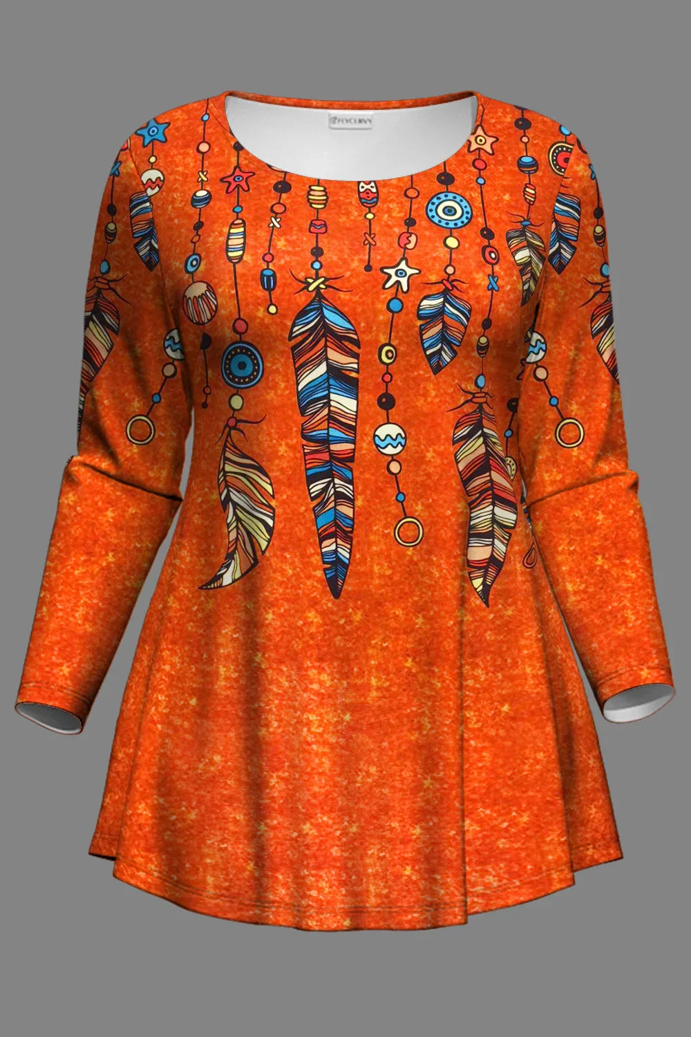 Women Feather Print Two-Piece Set Crew Neck Long