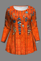 Women Feather Print Two-Piece Set Crew Neck Long