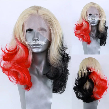 Ombre Blonde To Half Red Black Wavy Synthetic