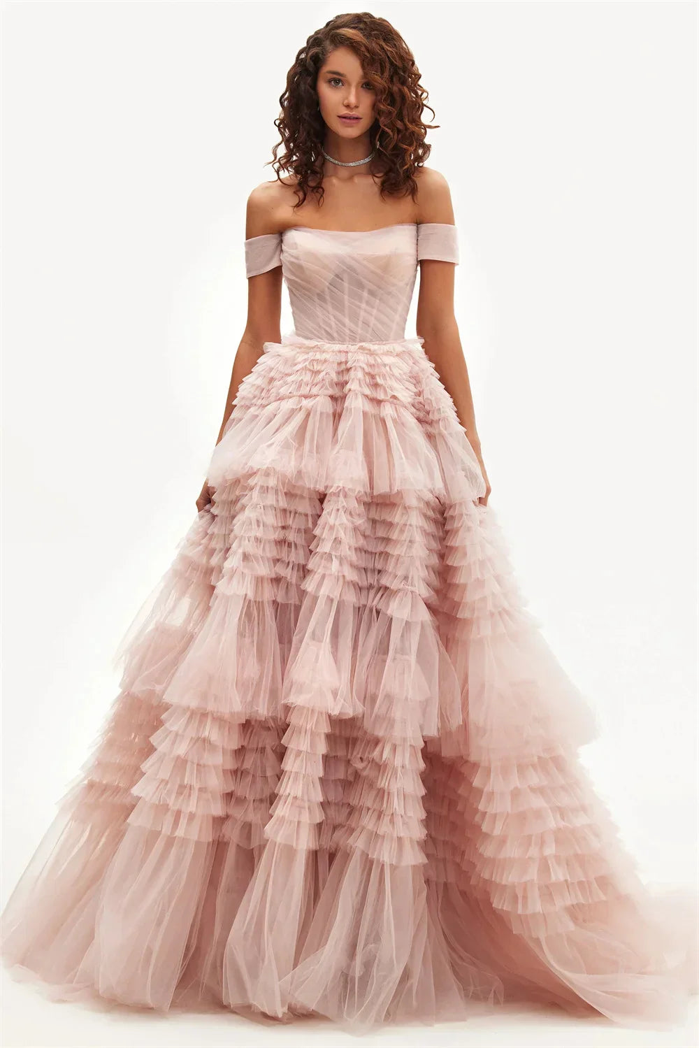 Off-the-Shoulder Layered A-Line Prom Dress - Pink Tulle Ruffles 2024