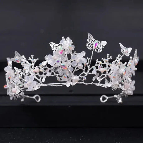 Handmade Bridal Pearl Rhinestone Crown Tiara Butterfly Floral