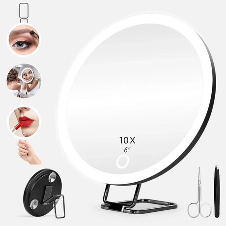 Portable Travel Magnified Mirror with 360° Adjustable Stand and Suction Cup