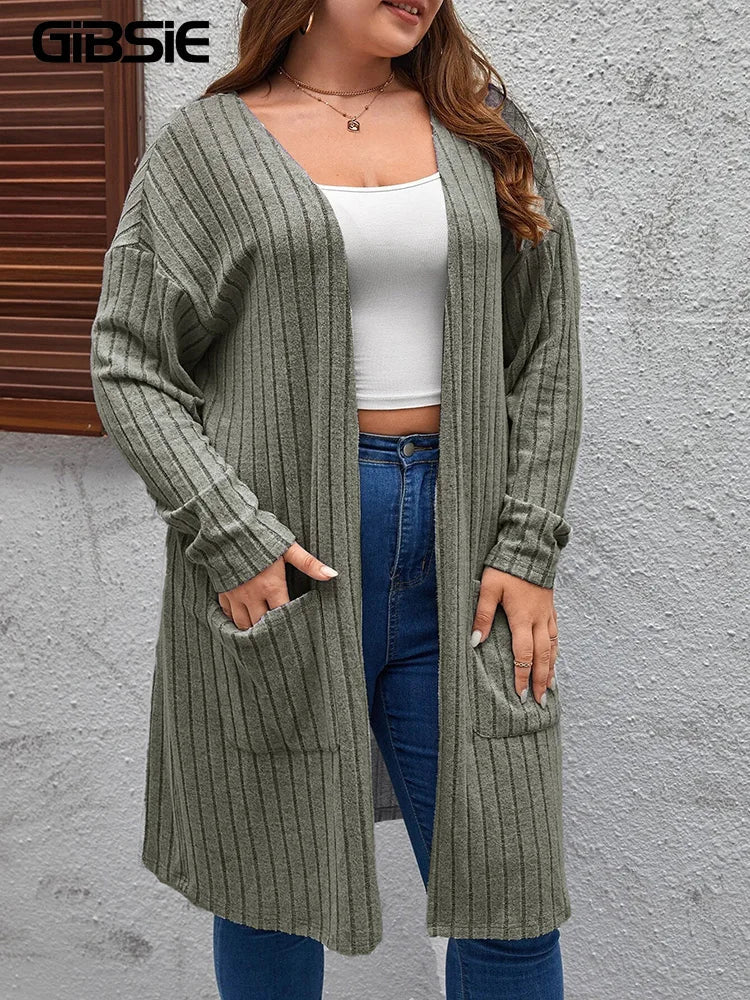 Gibsie Plus Solid Rib Knit Open Front Cardigans