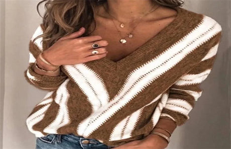 Fashion V Neck Striped Knitted Women Sweater Oversized