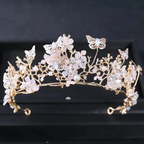 Handmade Bridal Pearl Rhinestone Crown Tiara Butterfly Floral