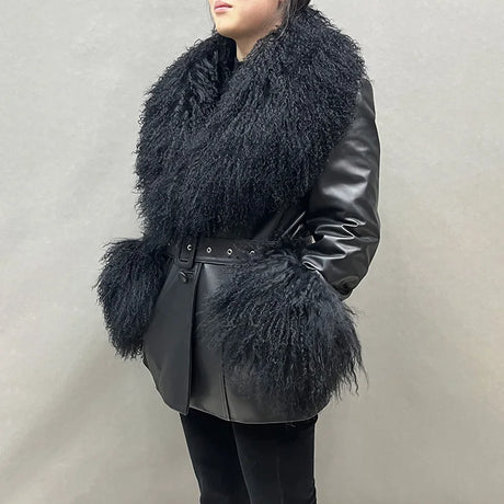 Lady Natural Mongolian Fur Leather Jacket Real Sheepskin