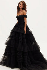 Off-the-Shoulder Layered A-Line Prom Dress - Pink Tulle Ruffles 2024