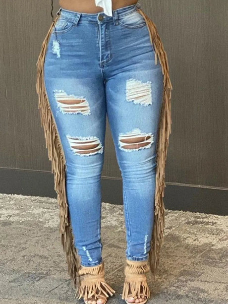 Lw Summer Jeans Tassel Design Ripped Jeans Skinny