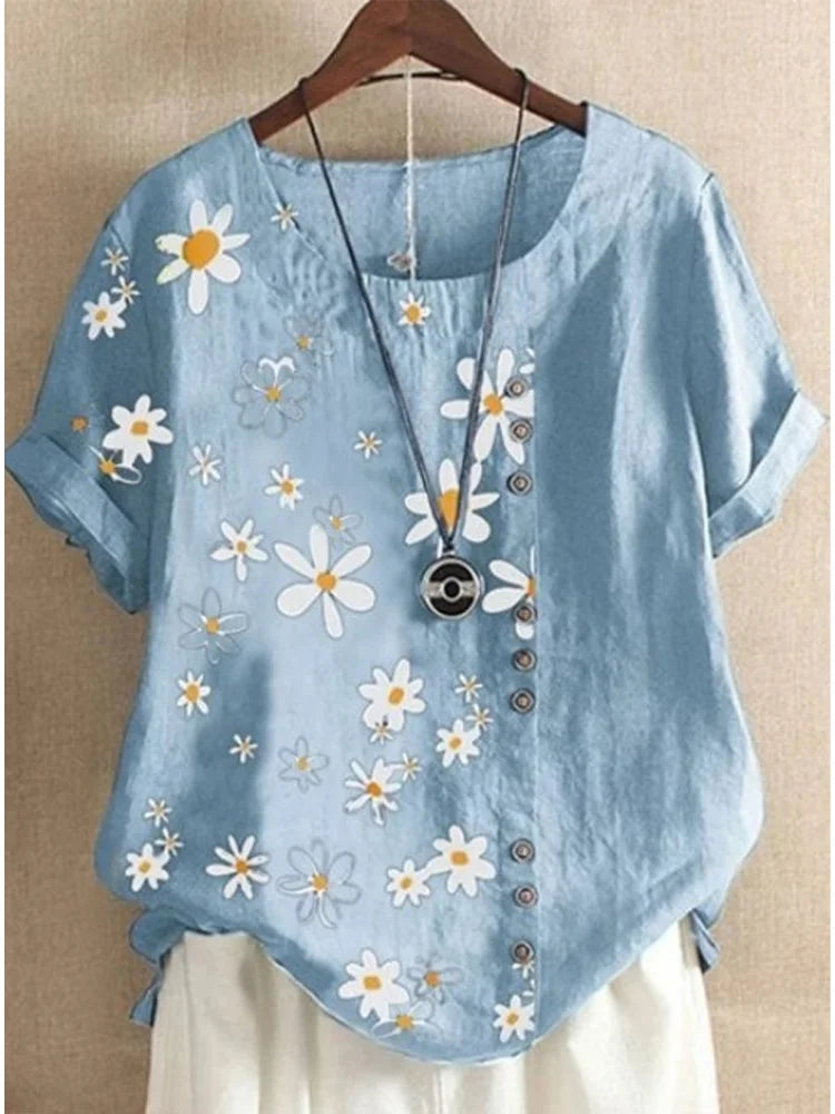 Daisy-Print Cotton Linen Shirt Casual Summer Women O-Neck