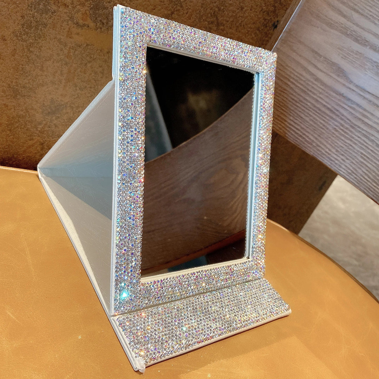 Diamond-Encrusted HD Folding Mirror with Glitter Powder Leather