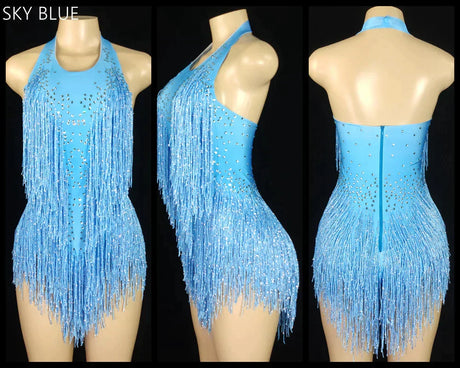 Sparkly Crystals Fringes Bodysuit Sexy Tassel Leotard Jazz