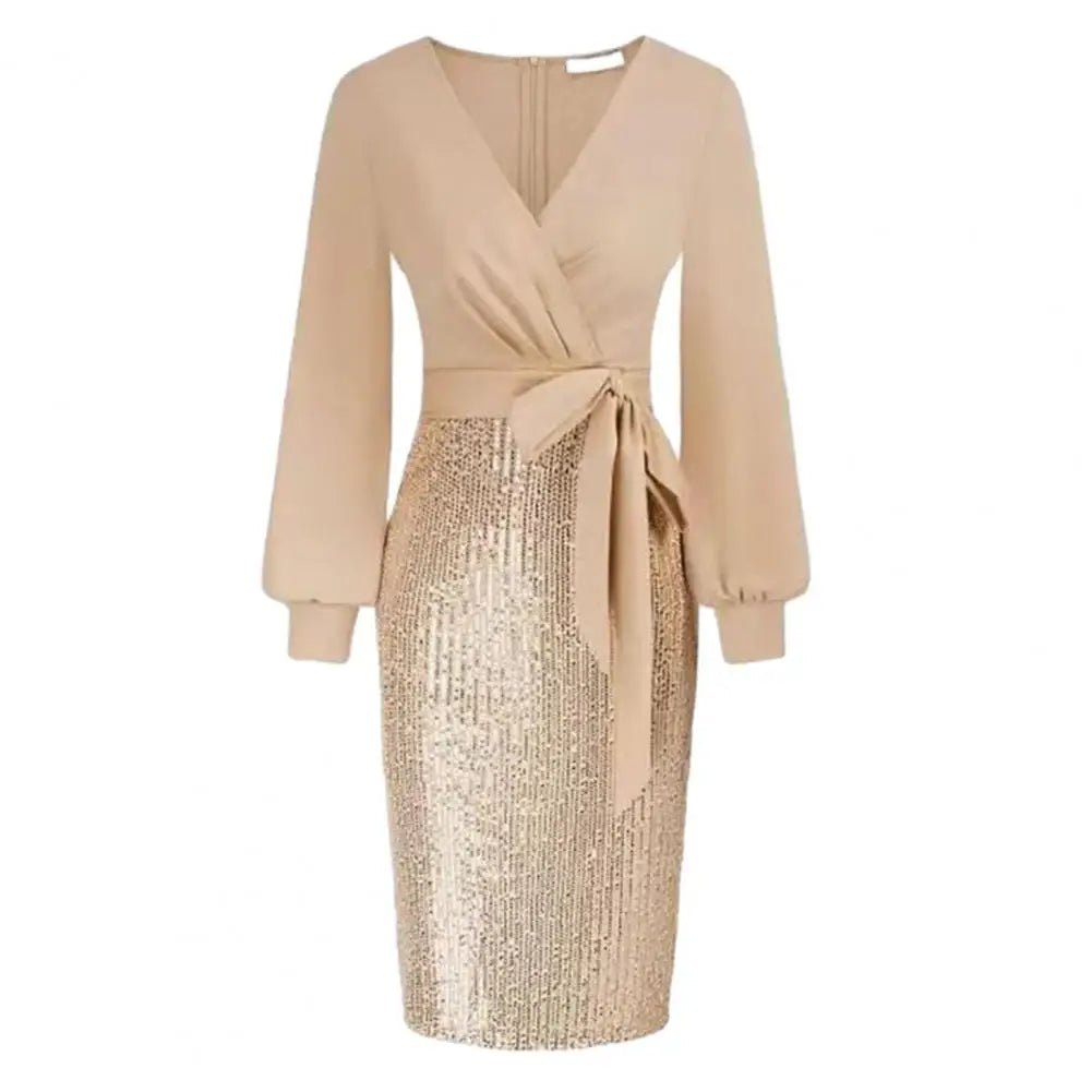 Women V-Neck Dress Stunning Sequin Splicing Bodycon Dress