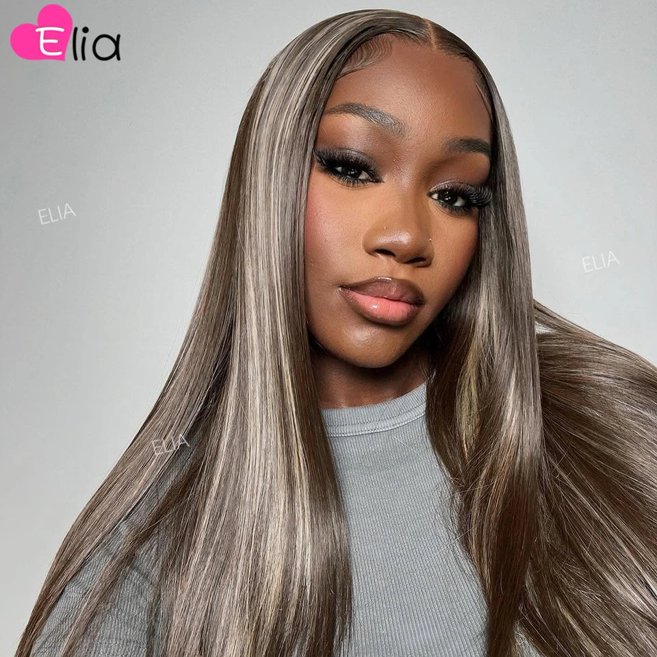 Ash Blonde Highlights Glueless Wig Transparent Lace Frontal