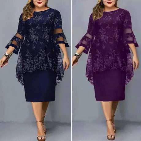Lady Party Dress Lace Patchwork Flare Sleeves Midi