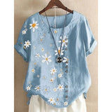 Daisy-Print Cotton Linen Shirt Casual Summer Women O-Neck