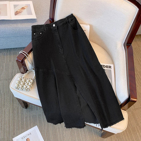 Women' Spring Casual Denim Skirt Black Blue Slit