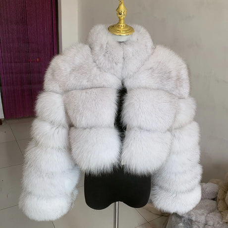 New Ladies Natural Fox Fur Cropped Plus Stand