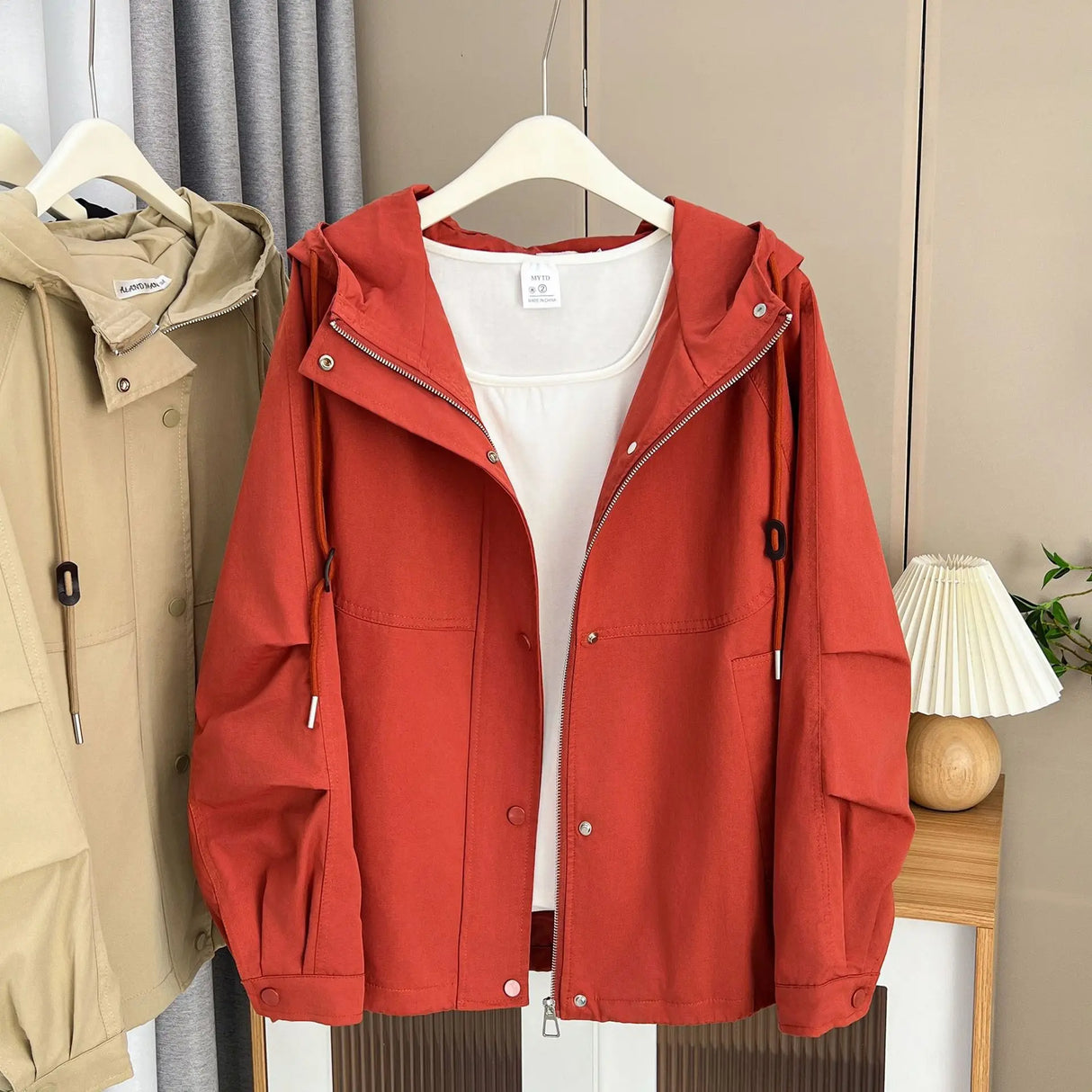 Washed Cotton Solid Color Zipper Hooded Jacket Womens
