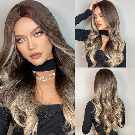 Medium Long Synthetic Fiber Wigs Middle Ombre Top