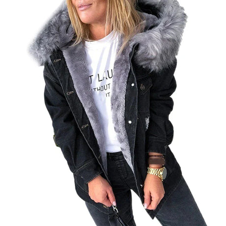 Women Winter Warm Fluffy Collar Hooded Denim Jacket