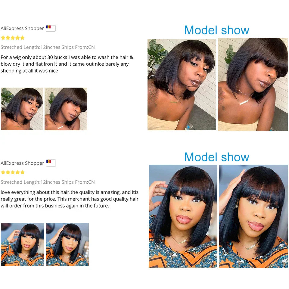 Brazilian Human Hair Wig With Bangs Remy Straight