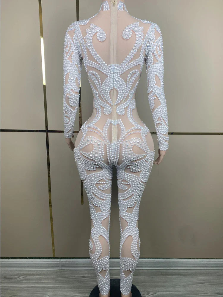 Luxury White Pearls Long Sleeves Women Bodysuit Transparent