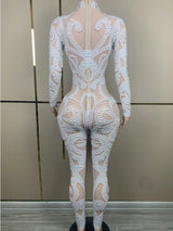 Luxury White Pearls Long Sleeves Women Bodysuit Transparent