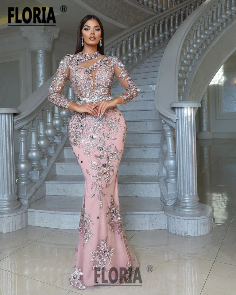 Gorgeous Dubai Mermaid Evening Dress with Floral Lace Appliques