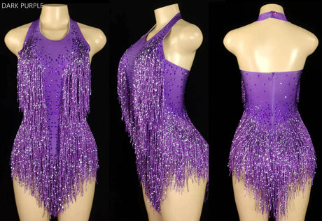 Sparkly Crystals Fringes Bodysuit Sexy Tassel Leotard Jazz