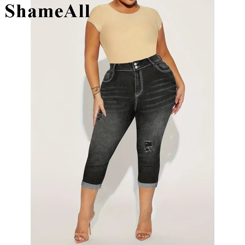 Women' Casual Jeans, Washed Button Fly Ripped Roll