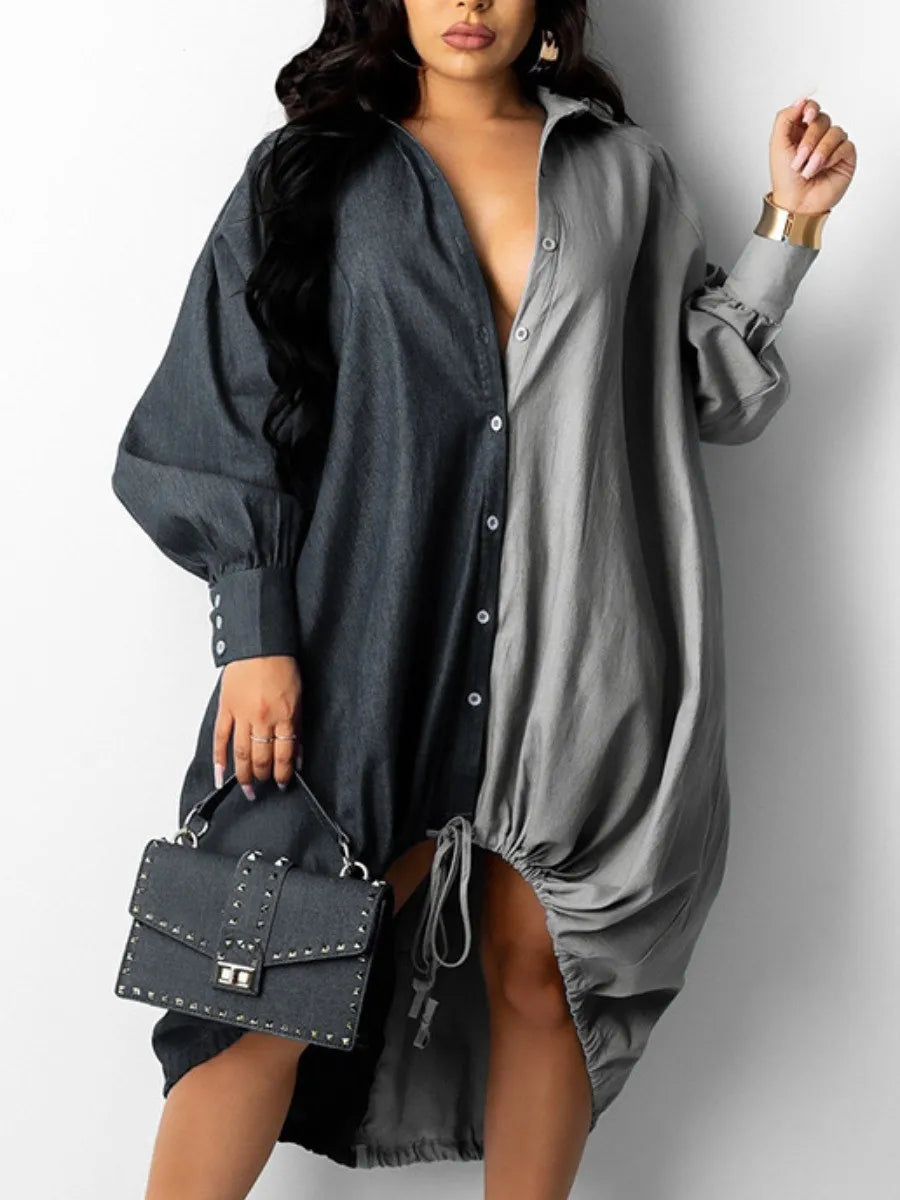 Dresses Drawstring Patchwork Shirt Dress Fashion Drop Shoulder