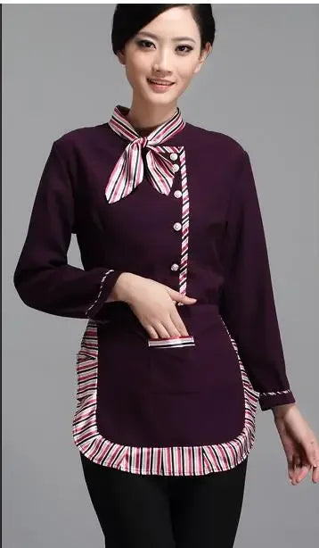 Long Sleeve Hotel Waiter Uniform Female Restaurant Top+Apron