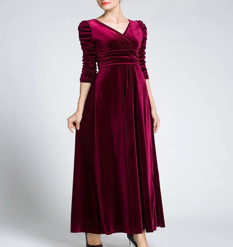 Women Clothing Long Dress Velvet Autumn V-Neck Evening