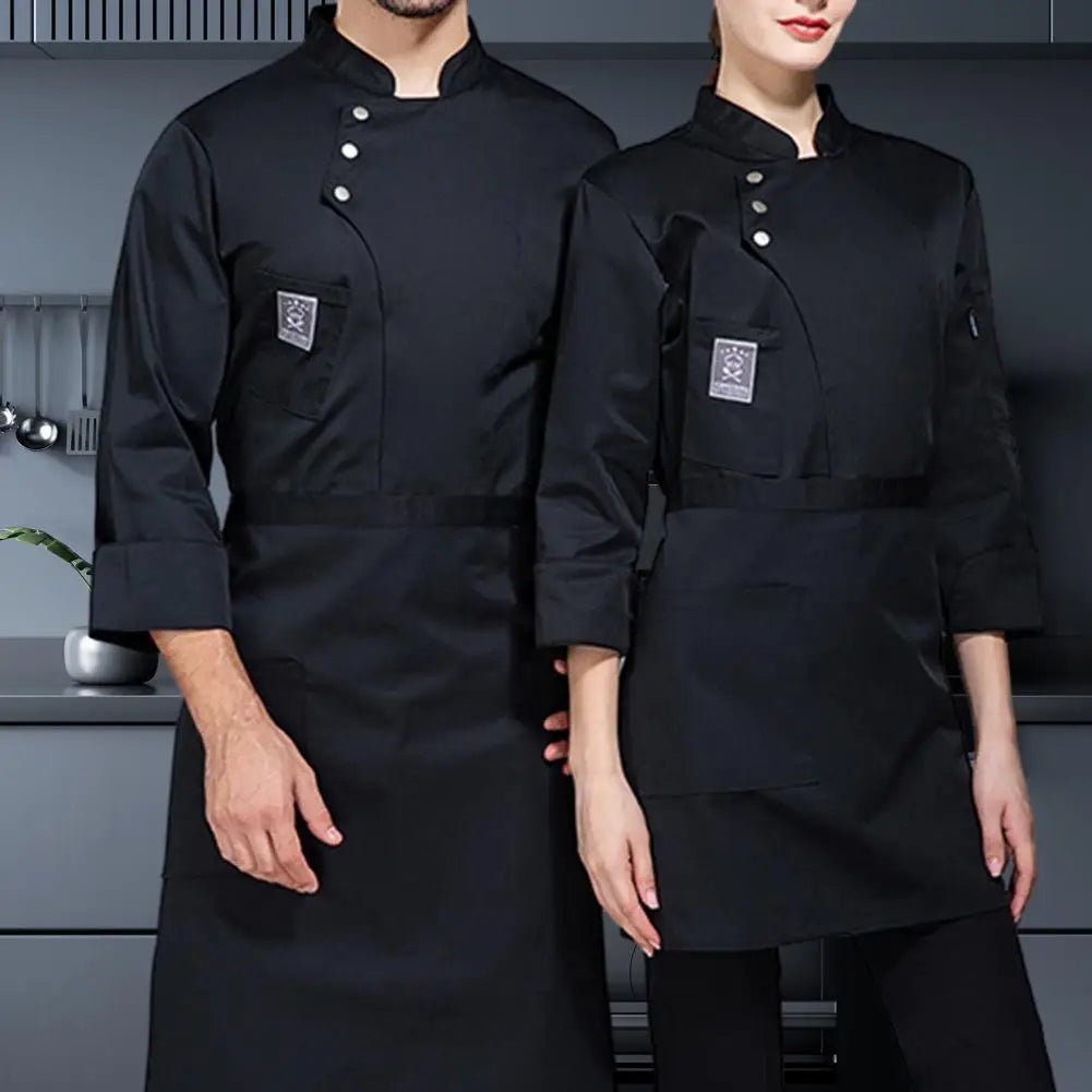 Men Women Chef Uniform Stand Collar Single-Breasted Pocket