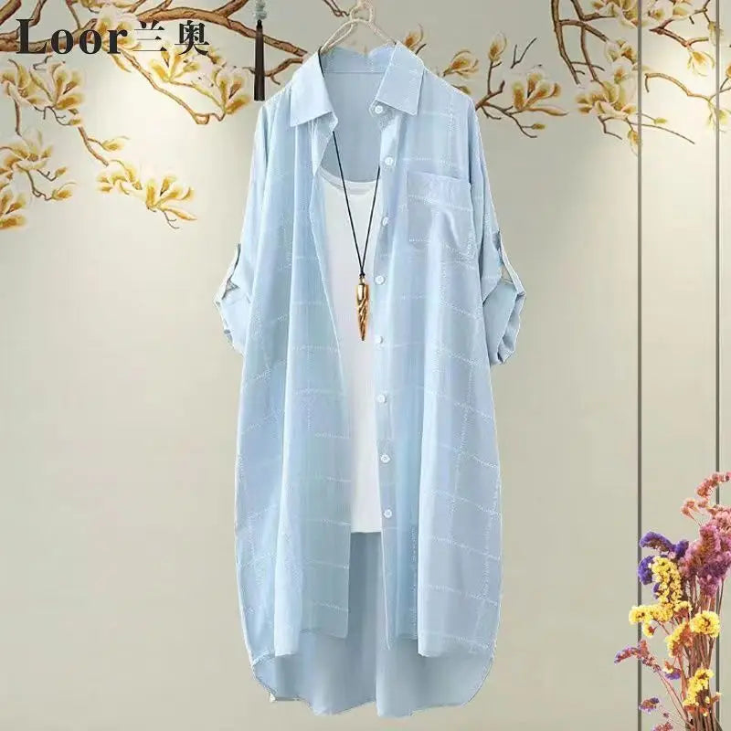 Casual Plaid Print Oversize Women Autumn Blouse Fashion