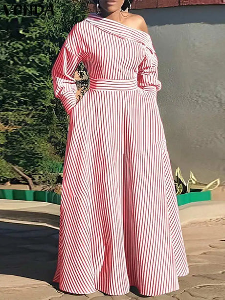 5Xl Vonda Elegant Striped Maxi Dress Bohemian Women