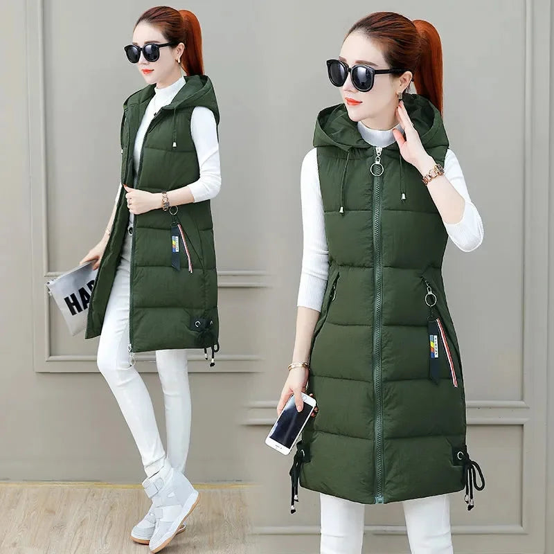 New Autumn Winter Women Long Parkas Vest Warm