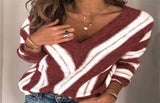 Fashion V Neck Striped Knitted Women Sweater Oversized