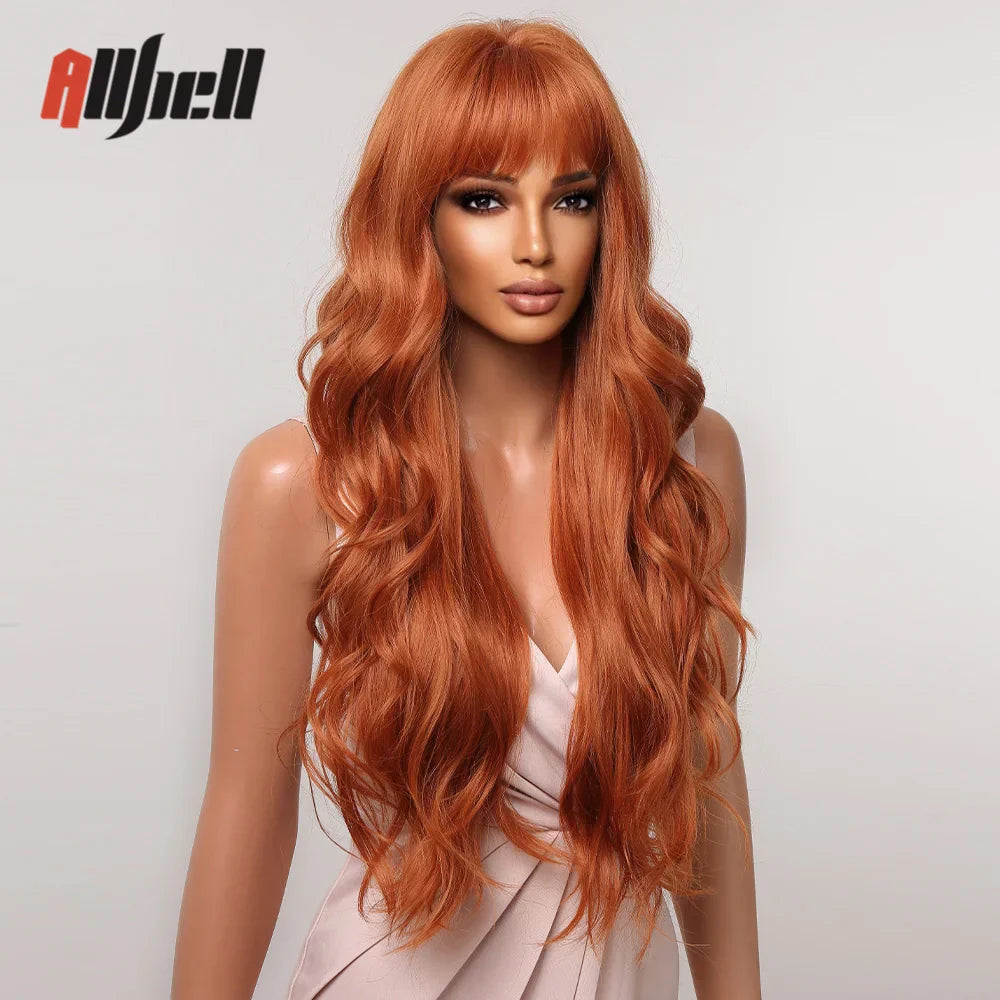 Copper Ginger Brown Wigs With Bangs Natural Synthetic