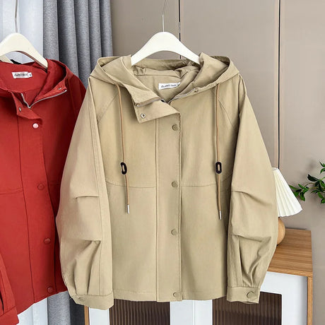 Washed Cotton Solid Color Zipper Hooded Jacket Womens