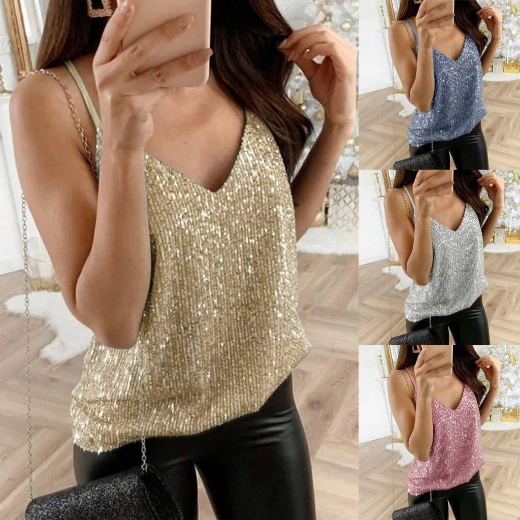 Womens Glitter Strappy Tank Tops Ladies Sexy Cami