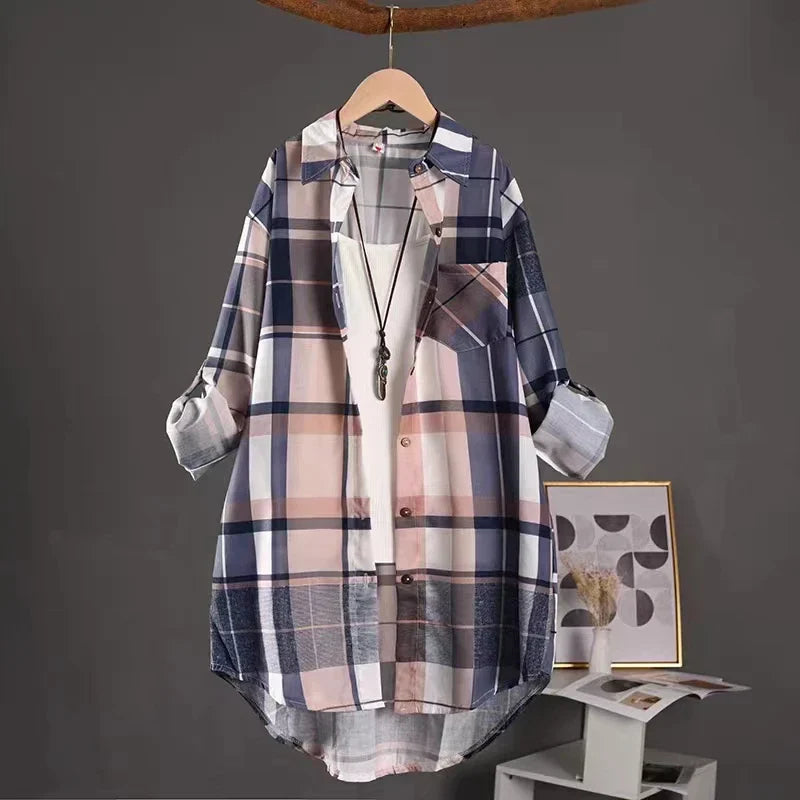 Cotton Mid Length Plaid Print Women Autumn Shirts