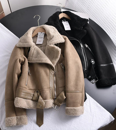 Winter Women Faux Shearling Sheepskin Leather Jackets Outwear