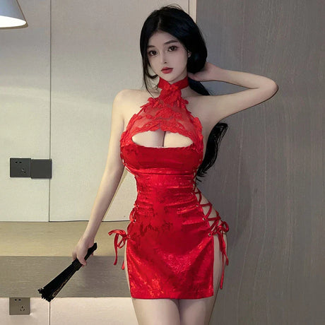 Sexy High Slit Hollow Lace Cheongsam Skirt Set